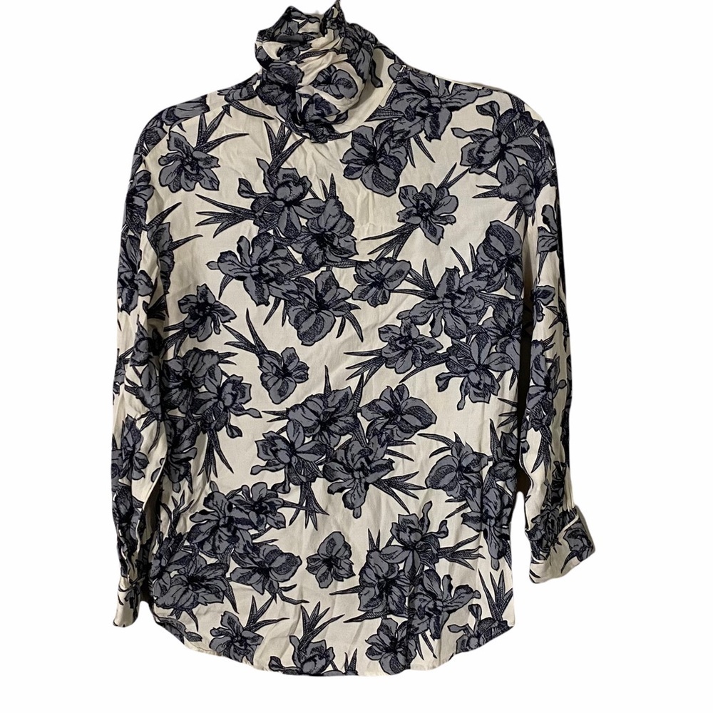 Zara Basics High Neck Large floral Print Sz Small Cream and Black